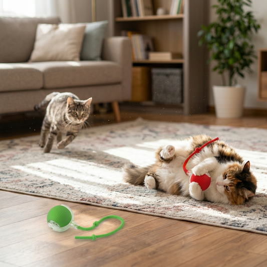 Two cats playing with Intelligent interactive cat Toy ball on a rug in a living room.