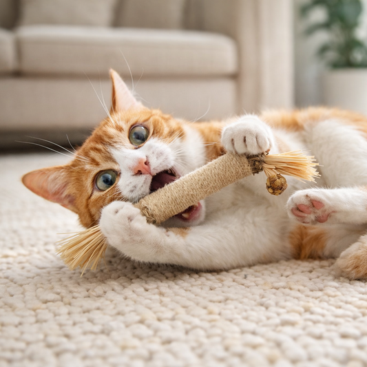 Cat playing with a silvervine dental stick toy on a carpeted floor