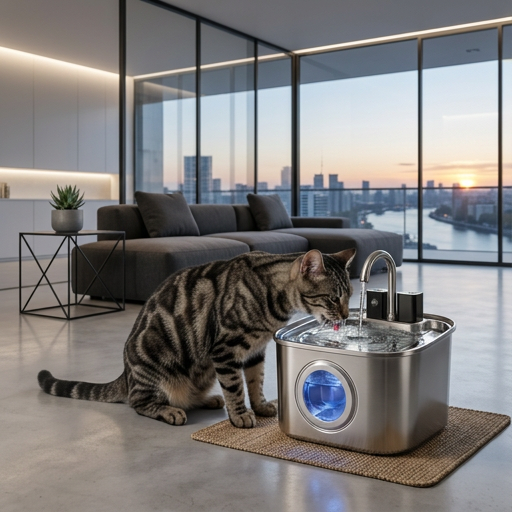 Cat drinking from a wireless pet water fountain in a stylish living room, pawsyboo