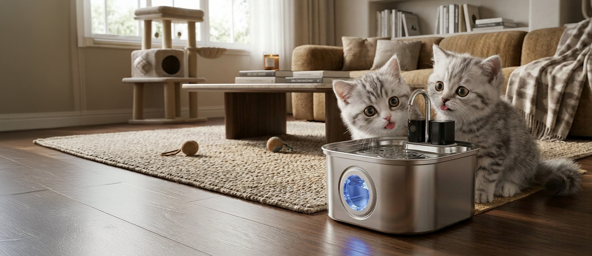 Two kittens playing with a pet water fountain in a cozy living room.