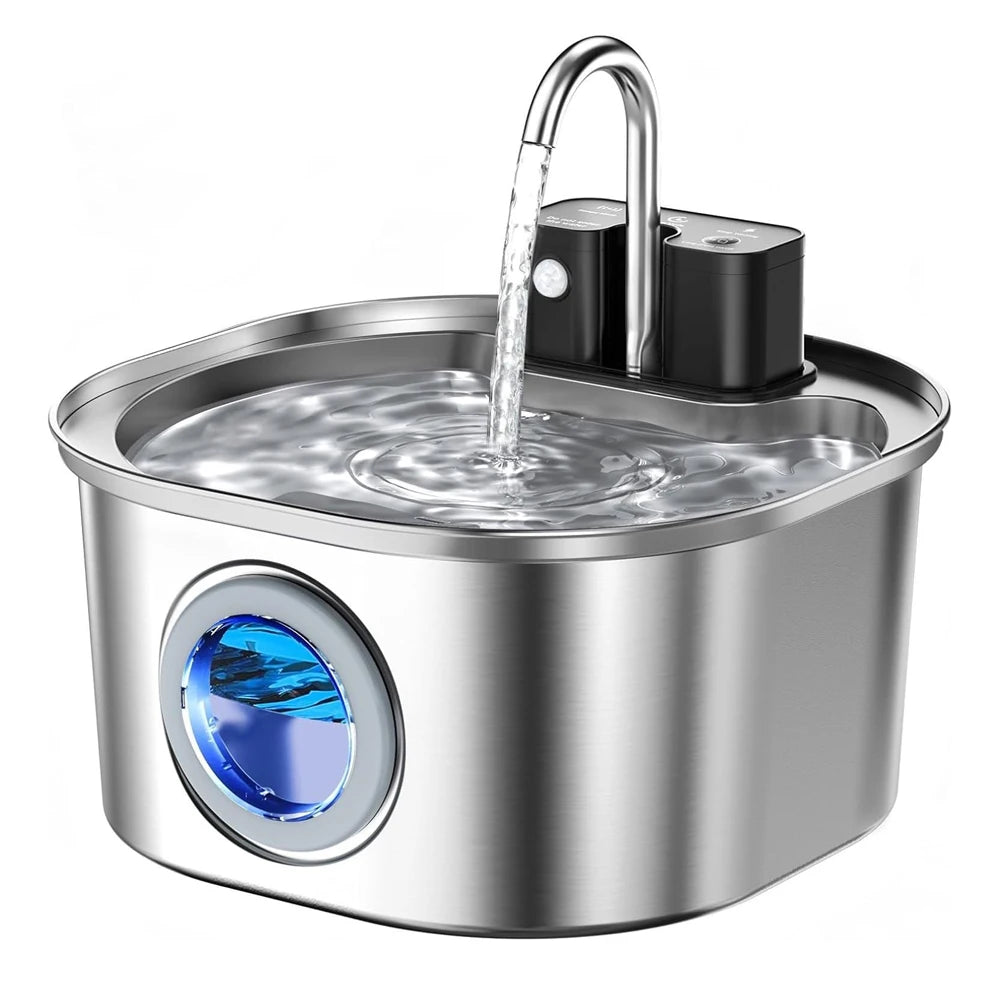 Stainless steel pet water fountain with water flowing on a white background